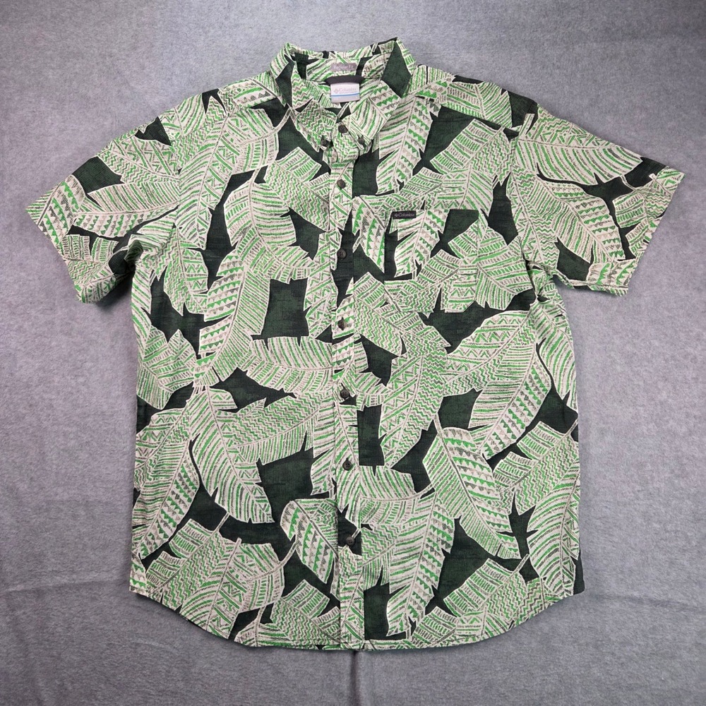 Columbia Button Down Shirt Mens Large Green Tropical Leaf Print Short Sleeve - Picture 2 of 9